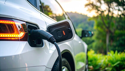 Electric Vehicle Charging: A close-up captures an electric vehicle in the process of charging, emphasizing sustainability and modern automotive technology.