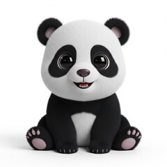 Fototapeta premium Cute 3D cartoon baby panda sitting with big shiny eyes and a happy expression, isolated on a white background.