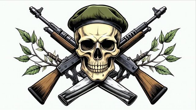 Illustration of a skull wearing a beret, crossed rifles, and green leaves