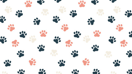 This vector features a seamless pattern of adorable paw prints in various shades of blue, pink, and cream on a white background. Perfect for pet-related designs, fabrics, or digital projects