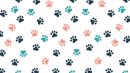 showcases a charming seamless pattern of colorful paw prints in various shades of blue, pink, and teal on a crisp white background. Ideal for pet-themed projects, textiles, or digital art, it provides