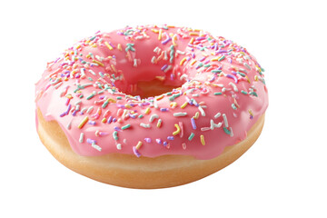 Delicious donut with a sweet pink icing and colorful sprinkles on a transparent background tempting the viewer with its sweetness and inviting flavors