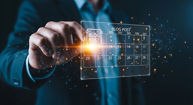 Content calendar and scheduling concept. A professional drags a simple "post" icon to a specific date on a clean, minimal holographic calendar.