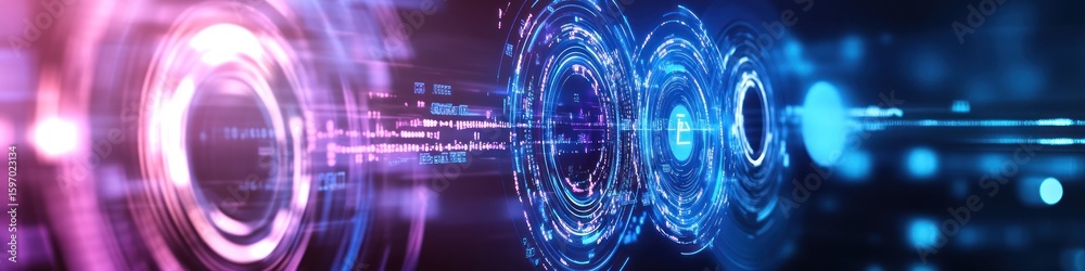 Poster futuristic technology glows with neon circles and data streams, creating a dynamic abstract design p
