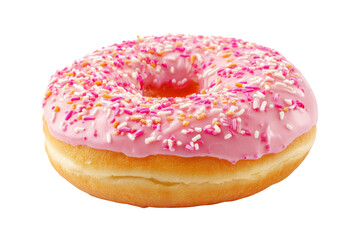 A delightful treat: A pink glazed doughnut adorned with colorful sprinkles perfect for satisfying your sweet cravings and adding a touch of joy to your day