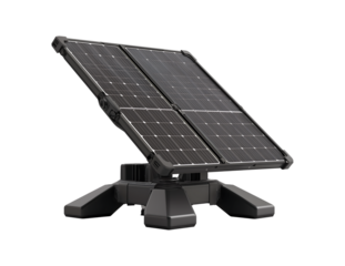 Modern solar panel technology mounted on a black adjustable stand isolated on transparent background