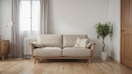 Light beige sofa with wooden frame in a minimalist living room.
