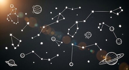 Artistic illustration of constellations, planets, and celestial bodies against a dark background.