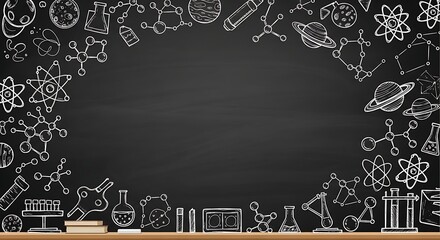 Chalkboard border of science doodles frames empty space for text or images.