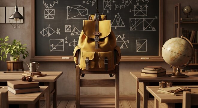 A yellow backpack sits on a chair in a classroom with a chalkboard filled with mathematical equations in the background.
