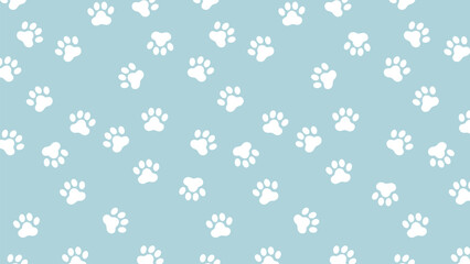 Soft blue background with a charming pattern of white paw prints. A sweet, seamless vector for pet, baby, and gentle designs © rochmuch