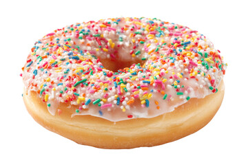 Delicious donut topped with white frosting and colorful sprinkles A sweet and delightful treat ready to be enjoyed