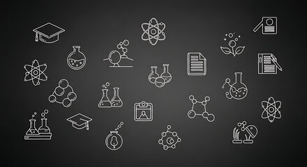 A collection of simple, white line icons representing various scientific concepts, including atoms, beakers, and graduation caps, arranged on a dark gray background.