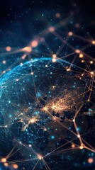 A glowing earth with connected networks and data points in a futuristic digital landscape
