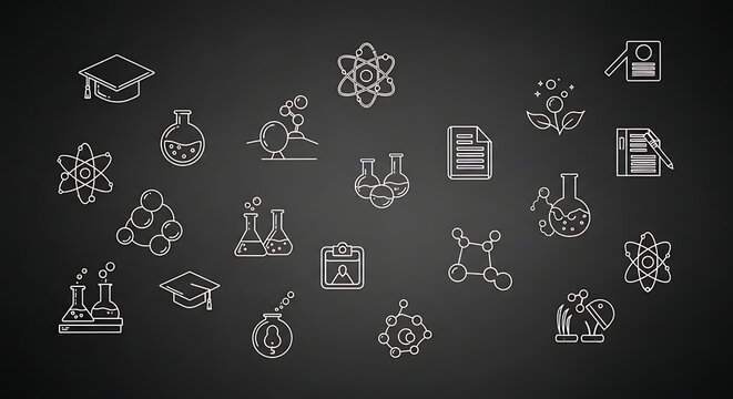 A collection of simple, white line icons representing various scientific concepts, including atoms, beakers, and graduation caps, arranged on a dark gray background.