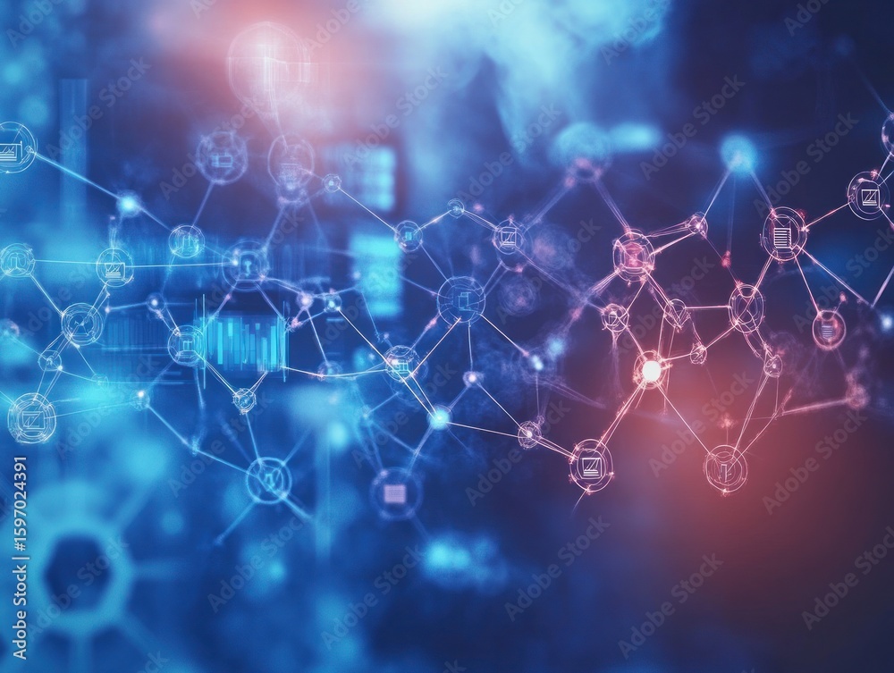 Poster abstract network connections are depicted in a blue and red color scheme, showcasing a modern techno