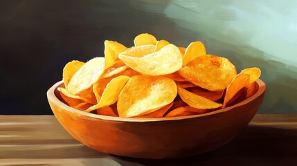 Showcase a tempting real picture of a bowl overflowing with perfectly crisp potato chips, glistening with a light sprinkle of sea salt, capturing their golden color and inviting crunch