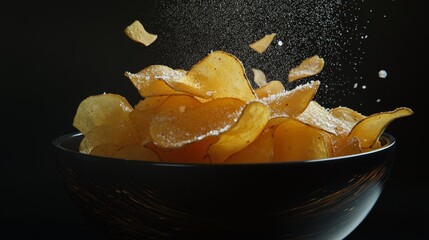 Showcase a tempting real picture of a bowl overflowing with perfectly crisp potato chips, glistening with a light sprinkle of sea salt, capturing their golden color and inviting crunch