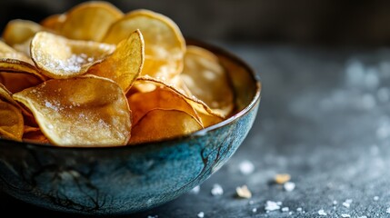 Showcase a tempting real picture of a bowl overflowing with perfectly crisp potato chips, glistening with a light sprinkle of sea salt, capturing their golden color and inviting crunch