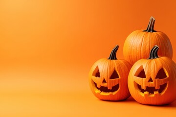 Three pumpkins on an orange background two carved with faces and one plain for halloween season