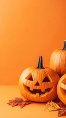 A halloween arrangement featuring carved pumpkins and autumn leaves against an orange background