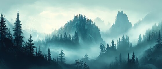 Morning landscape of a forested mountain shrouded in mist