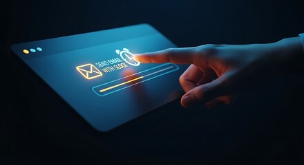 Email scheduling and marketing automation. A finger touches a "send later" icon (email with a clock) on a simple holographic interface.