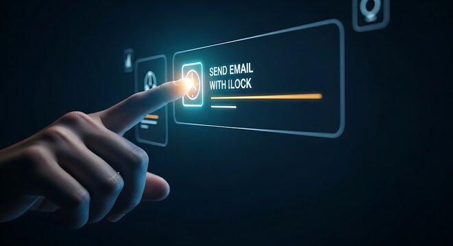 Email scheduling and marketing automation. A finger touches a "send later" icon (email with a clock) on a simple holographic interface.