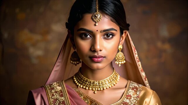Portrait of a South Asian woman, adorned with traditional jewelry, facing forward