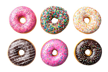 A delightful assortment of donuts arranged against a transparent background each showcasing unique toppings and icings for a visually appealing treat
