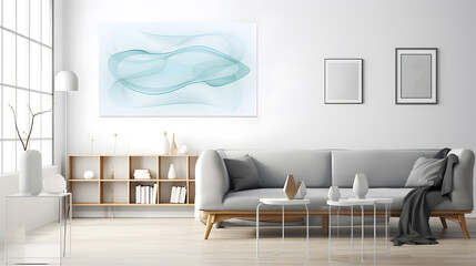 Contemporary abstract art with floating forms in ocean blue and aqua with flowing translucent waves