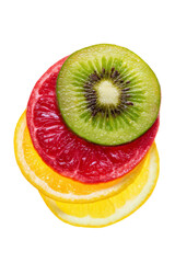 Stacked Fruit Slices, a vibrant colorful arrangement of citrus fruit and kiwi slices creating an eye catching and refreshing presentation