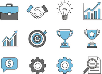 
A clean and modern set of outline icons related to business and finance, featuring symbols like a briefcase, handshake, lightbulb for ideas, various financial charts,