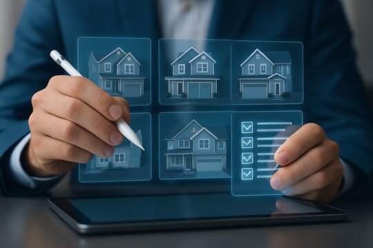 A person reviews virtual house listings on a digital tablet interface