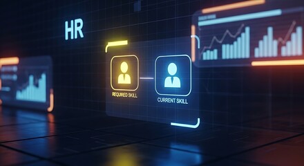 Skills gap analysis concept. A clean HR interface shows two holographic icons, "required skill" and "current skill," with a visible gap between them.