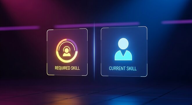 Skills gap analysis concept. A clean HR interface shows two holographic icons, "required skill" and "current skill," with a visible gap between them.