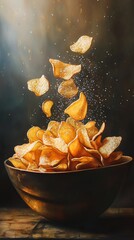 Showcase a tempting real picture of a bowl overflowing with perfectly crisp potato chips, glistening with a light sprinkle of sea salt, capturing their golden color and inviting crunch
