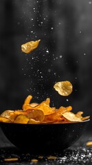 Showcase a tempting real picture of a bowl overflowing with perfectly crisp potato chips, glistening with a light sprinkle of sea salt, capturing their golden color and inviting crunch