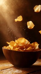 Showcase a tempting real picture of a bowl overflowing with perfectly crisp potato chips, glistening with a light sprinkle of sea salt, capturing their golden color and inviting crunch