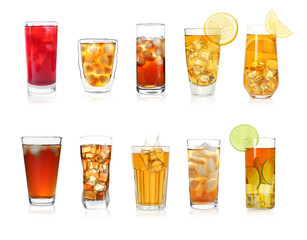 Iced tea. Different types of drinks in glasses isolated on white, set