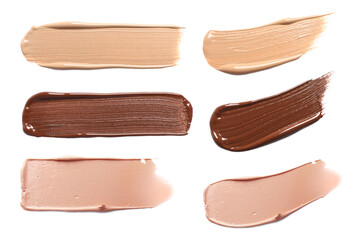 Skin foundation in different shades on white background, set. Palette of cosmetic product
