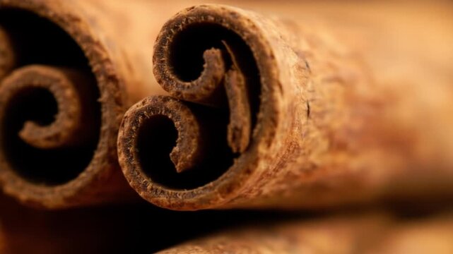 Two cinnamon sticks tightly rolled revealing dark interiors