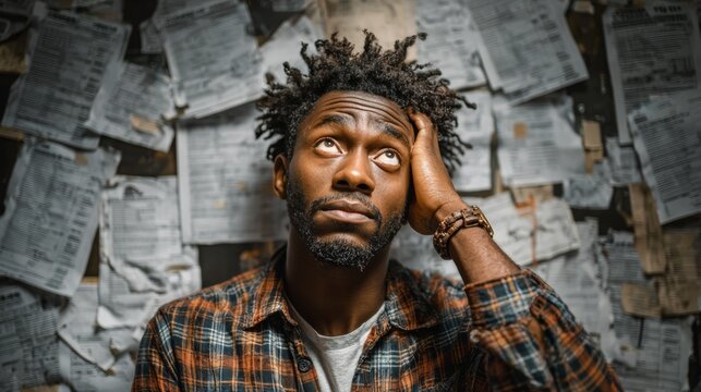 Stressed man surrounded by invoices home office emotional struggle indoor close-up perspective