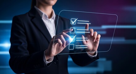 Employee offboarding concept. An HR professional checks off the last item on a simple, holographic exit checklist for a departing employee.