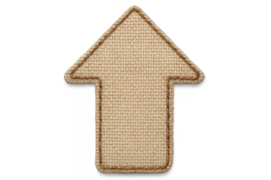 Upward burlap arrow indicating rising trend, symbolizing growth and forward momentum against transparent backdrop