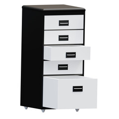 A clean and modern 3D filing cabinet with four drawers in a monochrome finish. Ideal for office scenes, interior visualizations, and organization-themed games or apps