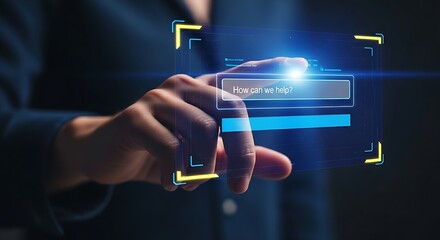  HR helpdesk concept. A hand types a question into a "How can we help?" search bar on a minimal holographic employee support portal.