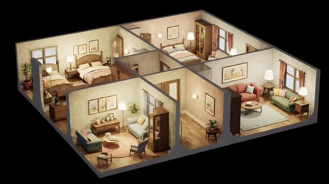 Animated Isometric View of a Three Bedroom Apartment Interior Floor Plan Design