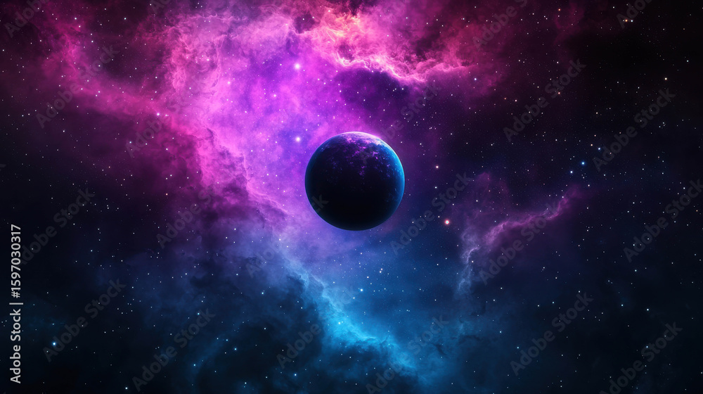 Wall mural vibrant cosmic nebula with colorful gas clouds and planet in outer space, starry background with bri