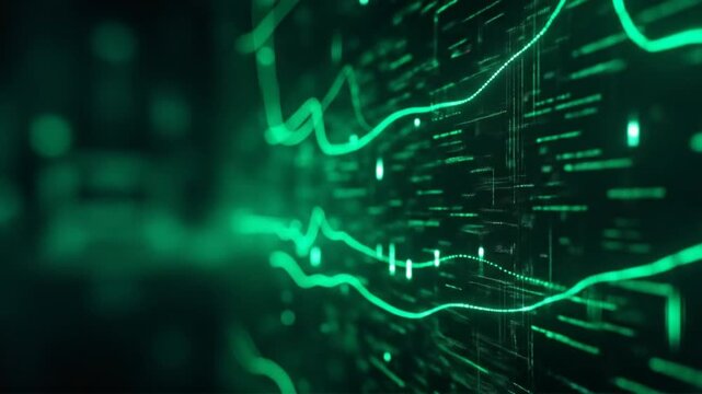 Digital Data Flowing with Glowing Green Lines and Numbers